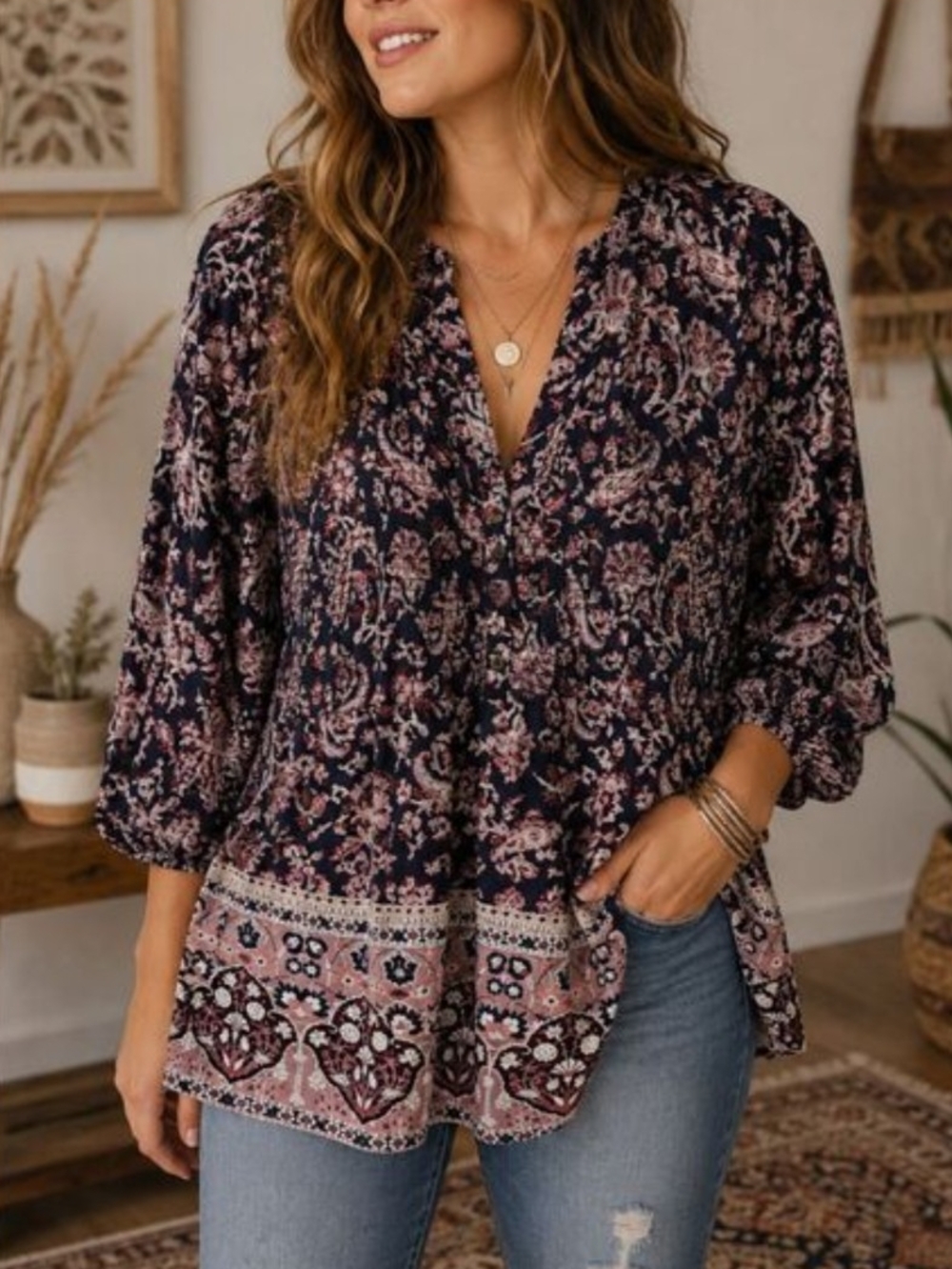 Knox Rose Navy and Pink Floral Paisley Pheasant Blouse Floral